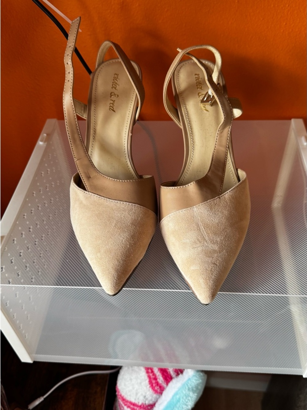 Beige Pointed-Toe Slingback Heels with Ankle Strap - Picture 2 of 6